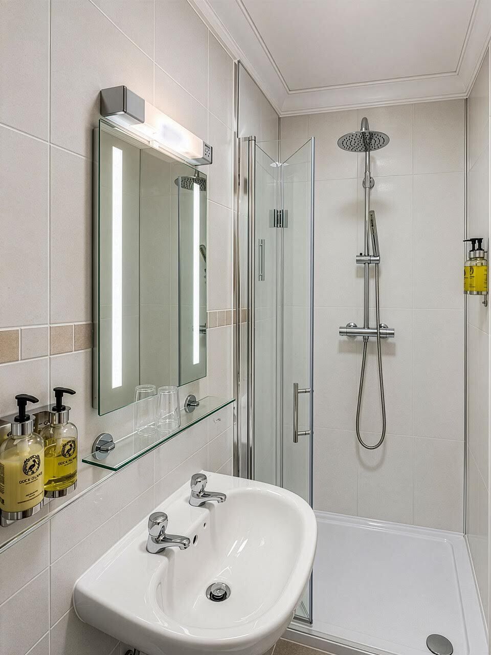 A modern bathroom with a glass shower enclosure, a white sink, and a mirror above it.