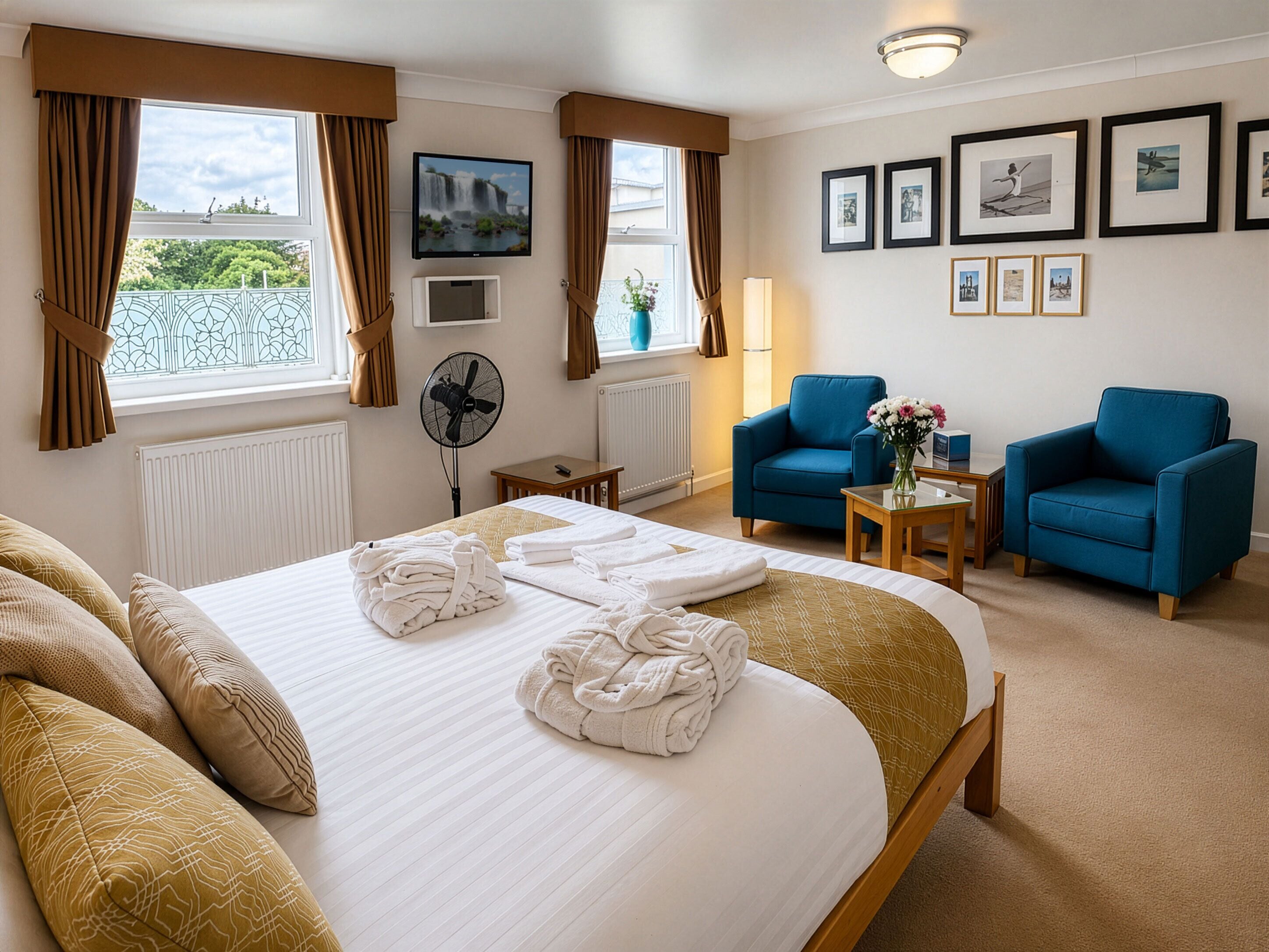 A hotel room with a bed, two armchairs, a small table, a fan, and framed pictures on the wall.