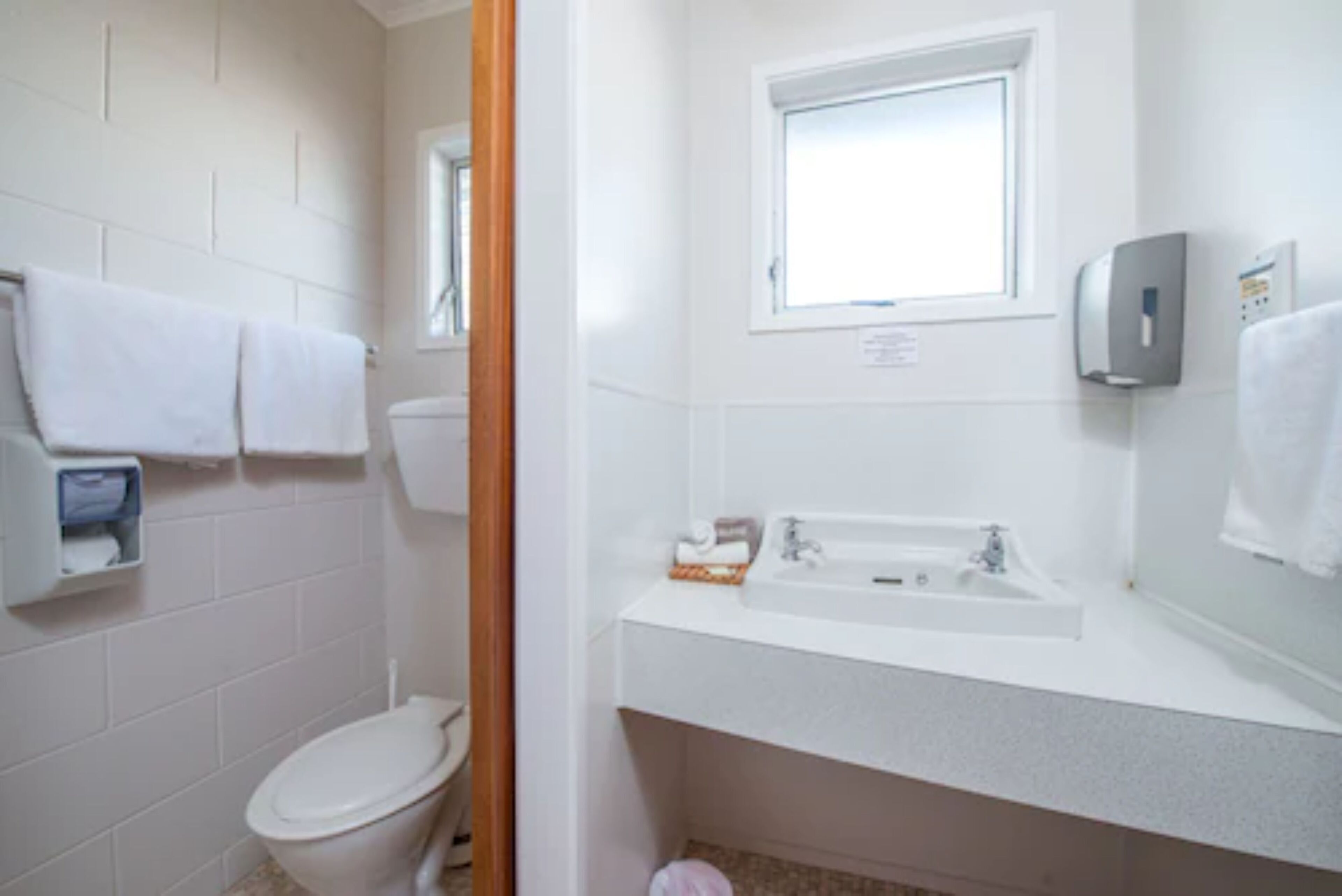 A bathroom with a toilet, a sink, and a window.