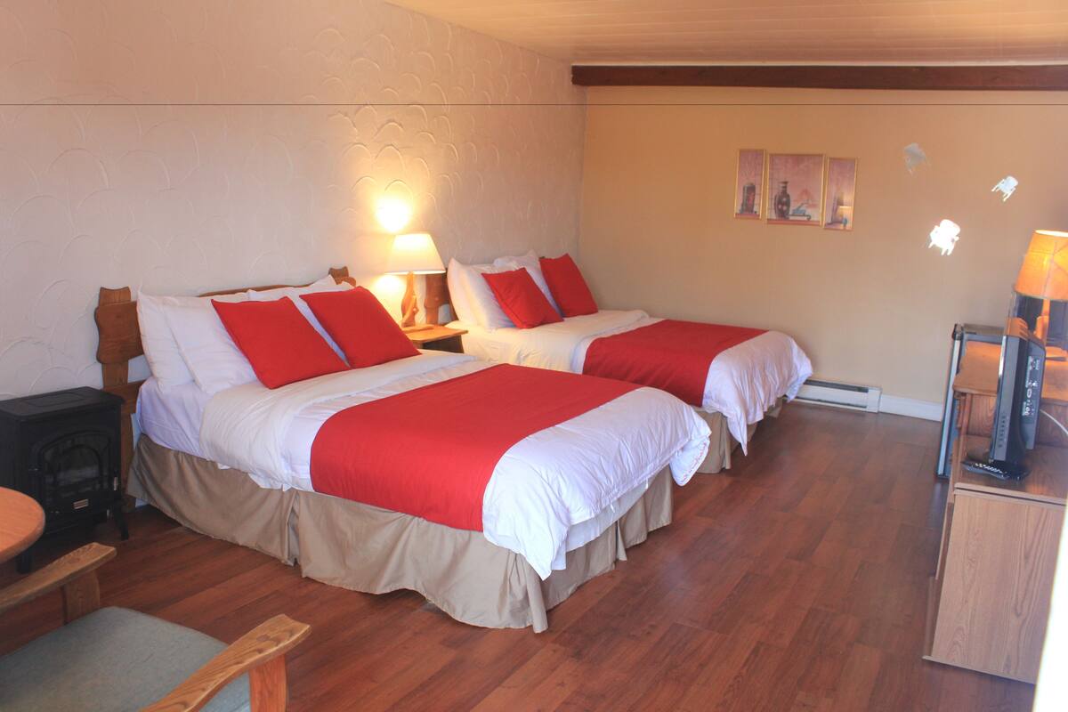 A hotel room with two beds, wooden flooring, a heater, a TV, and a small table.