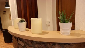 Un área de recepción con mostrador de piedra, tres plantas en macetas y una puerta de madera al fondo.