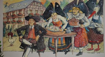 A traditional European building with a half-timbered facade, a wooden table, and a person in period attire.