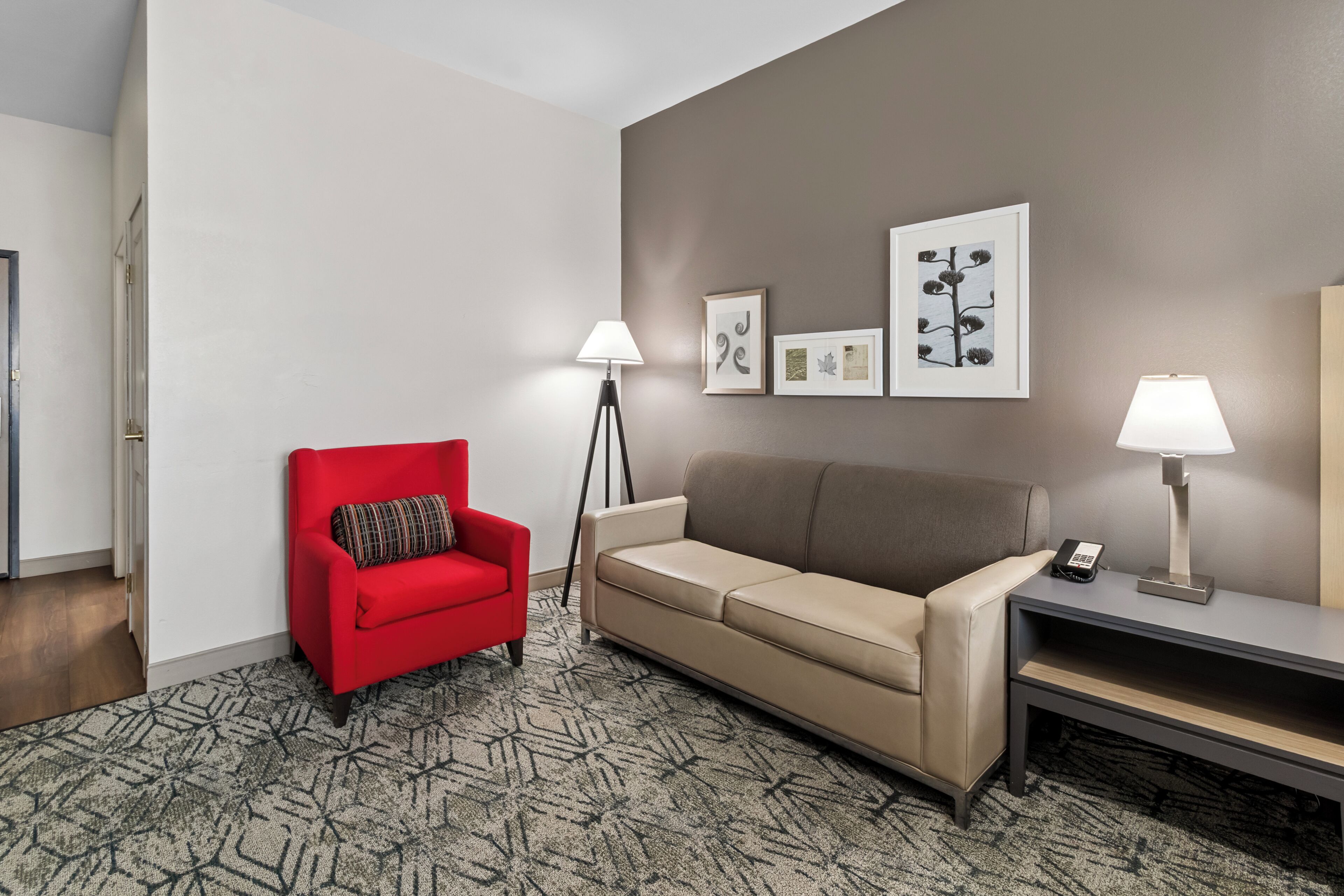 Een hotelkamer met een rode fauteuil, een beige bank, een vloerlamp, een nachtkastje met een telefoon en wanddecoratie.