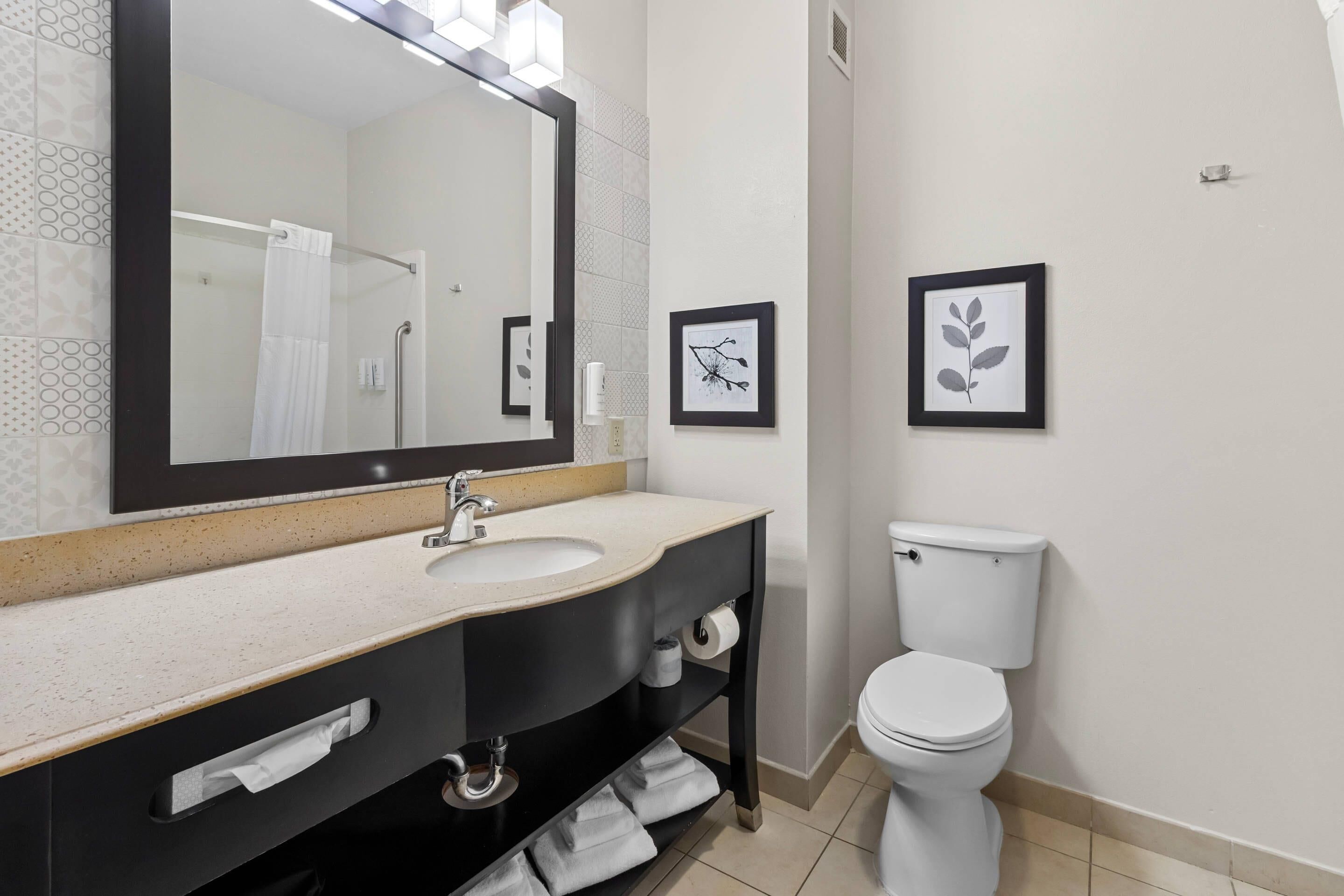 A bathroom with a sink, mirror, toilet, towel rack, and framed artwork on the wall.