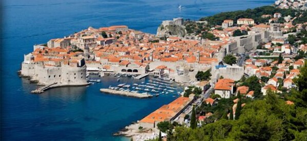 A coastal town with historic architecture, a fortified harbor, and a clear view of the sea.