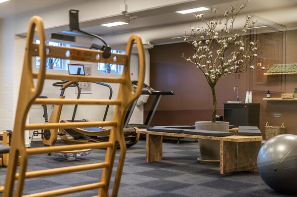 A gym with exercise equipment, a wooden bench, a potted plant, and a large exercise ball. - The Lodge Billund (Billund)