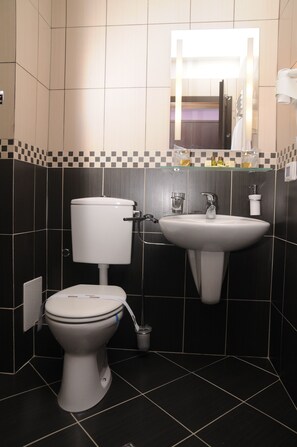 A bathroom with a toilet, sink, and mirror. - Casa Freya (Busteni)