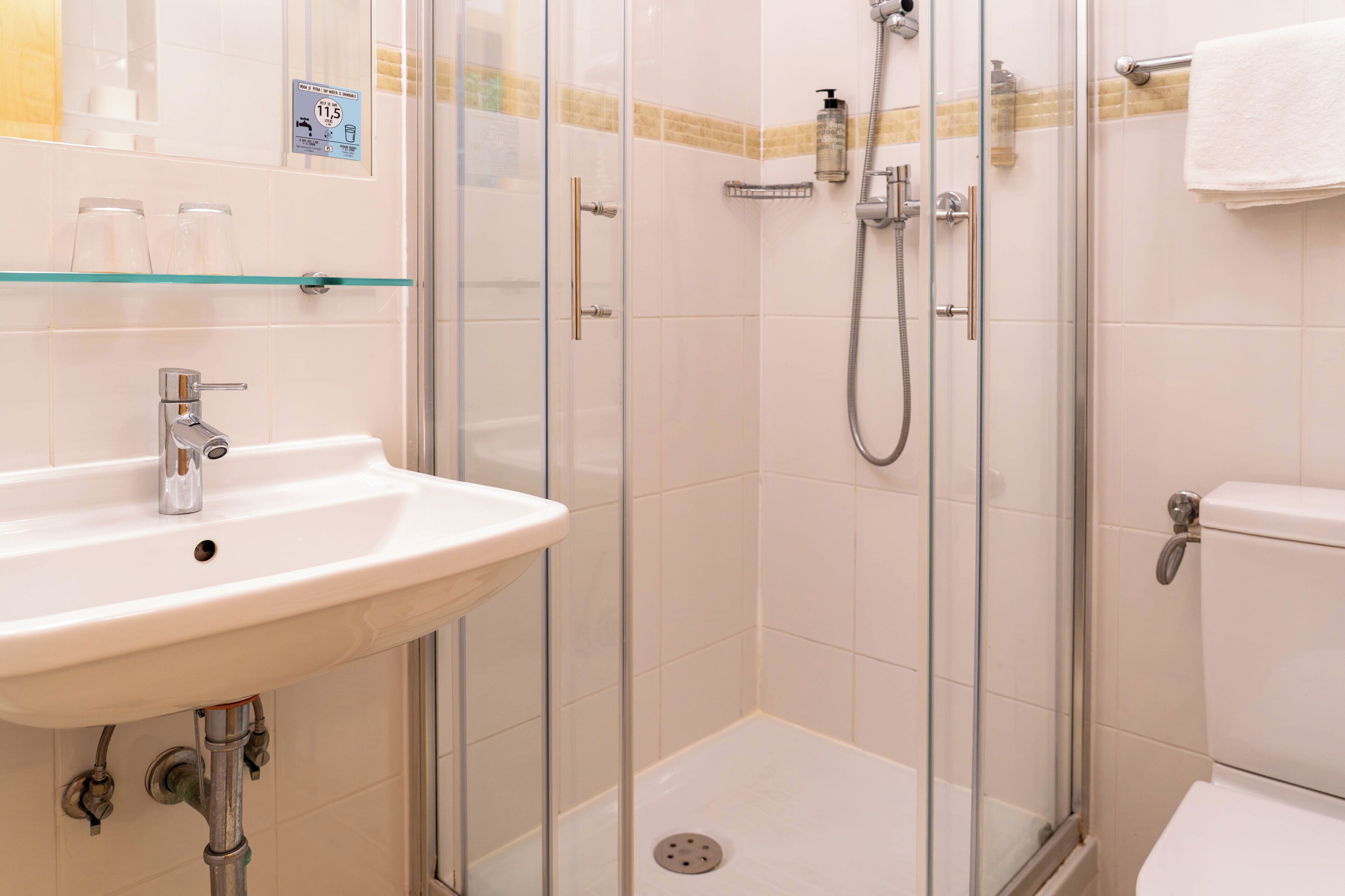 A bathroom with a glass shower enclosure, a white sink, and a toilet.