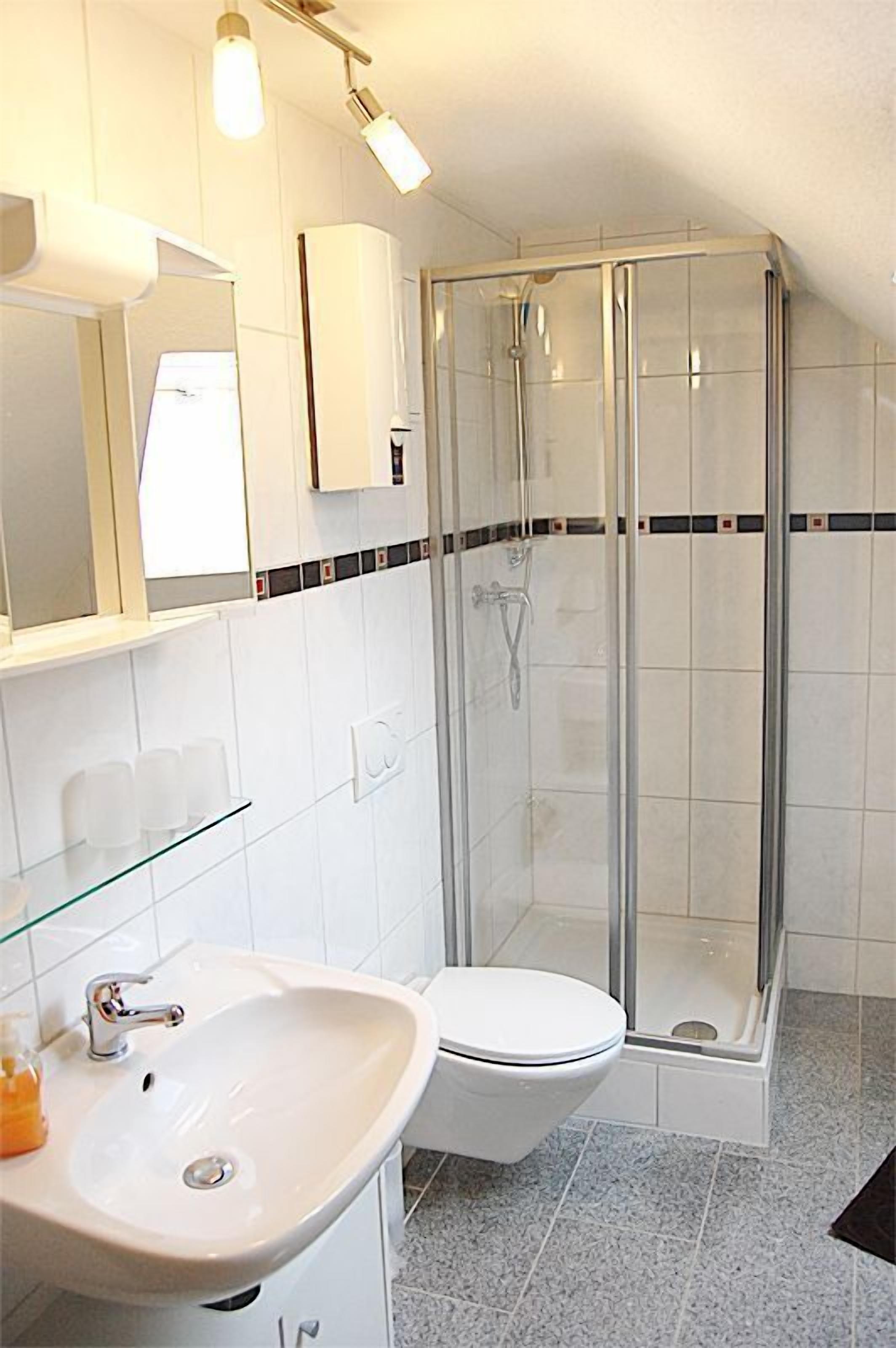A modern bathroom with a glass-enclosed shower, a white sink, and a toilet.