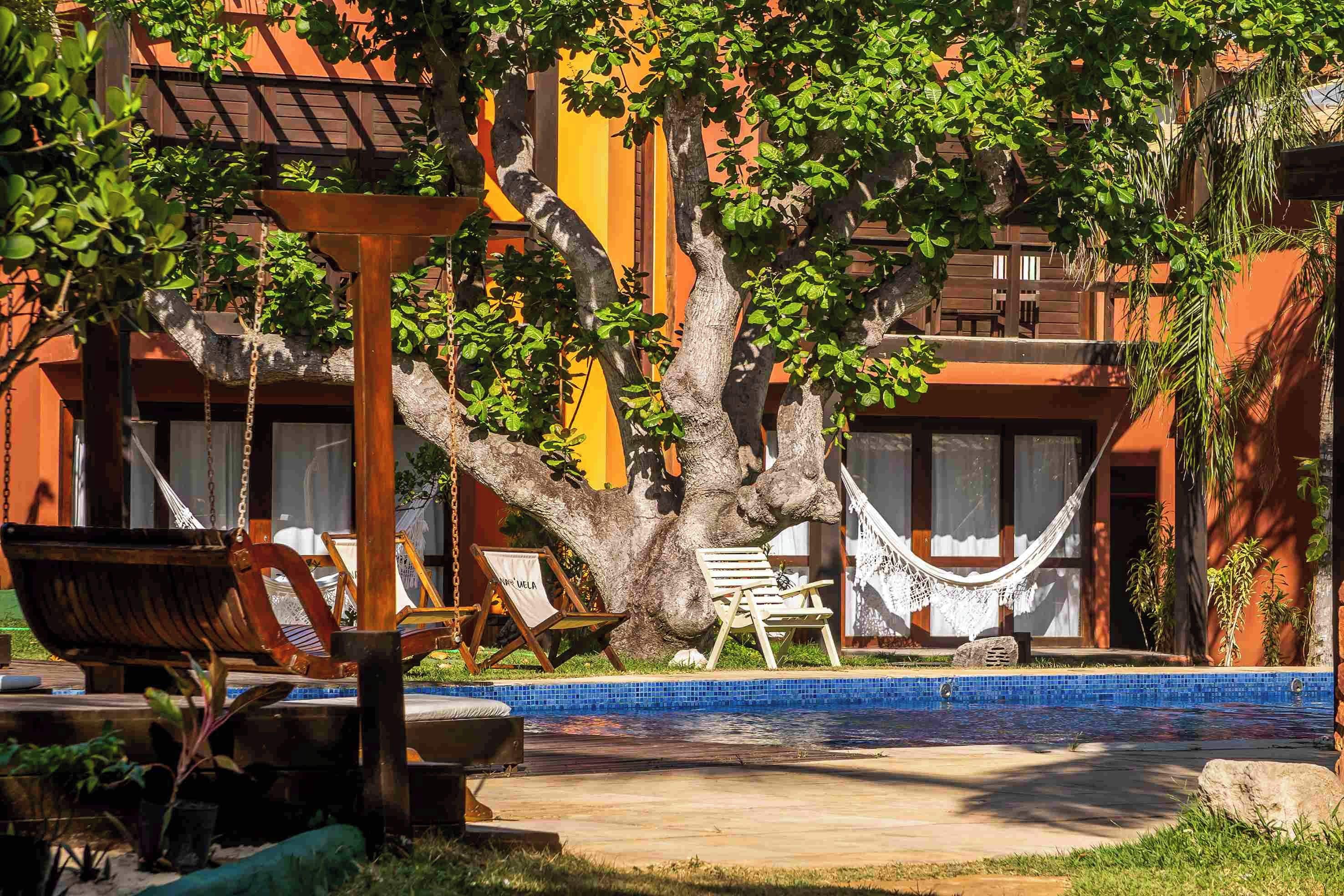 Área de piscina com rede, cadeiras de descanso e uma grande árvore.