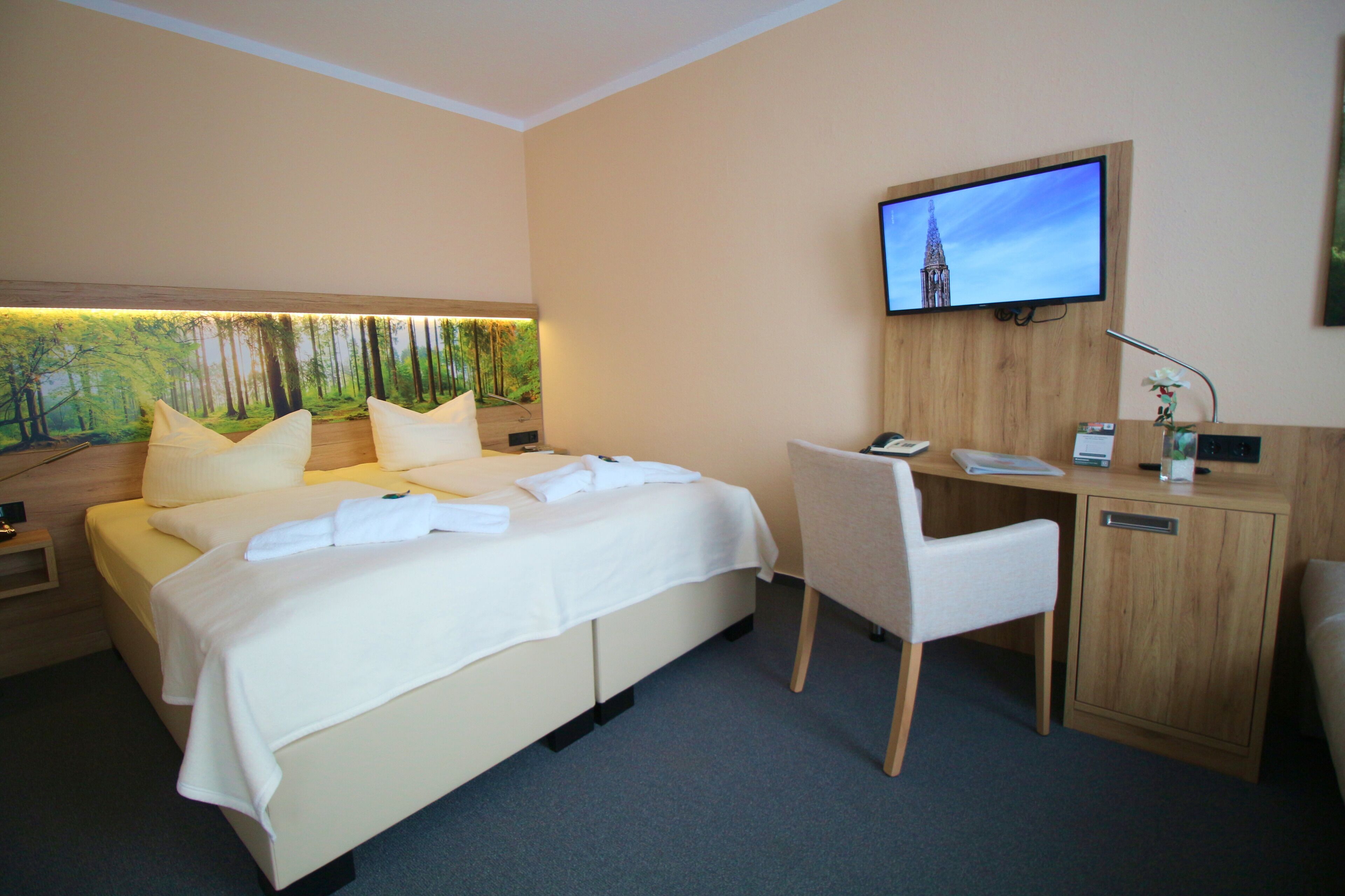 Habitación de hotel con cama, escritorio, silla, televisor montado en la pared y mesita de noche con lámpara.