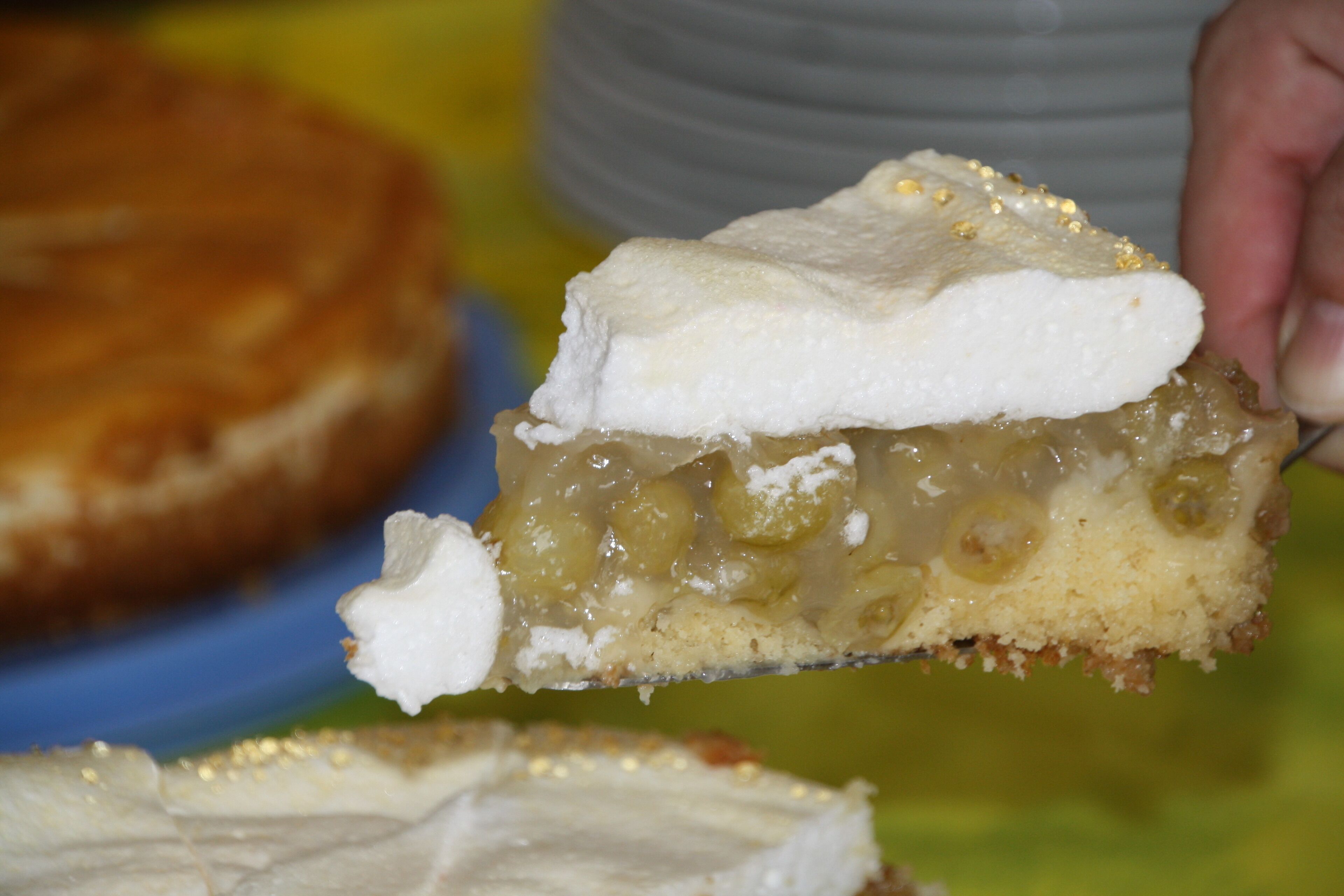 A slice of cake with a creamy topping and a caramel-like filling.