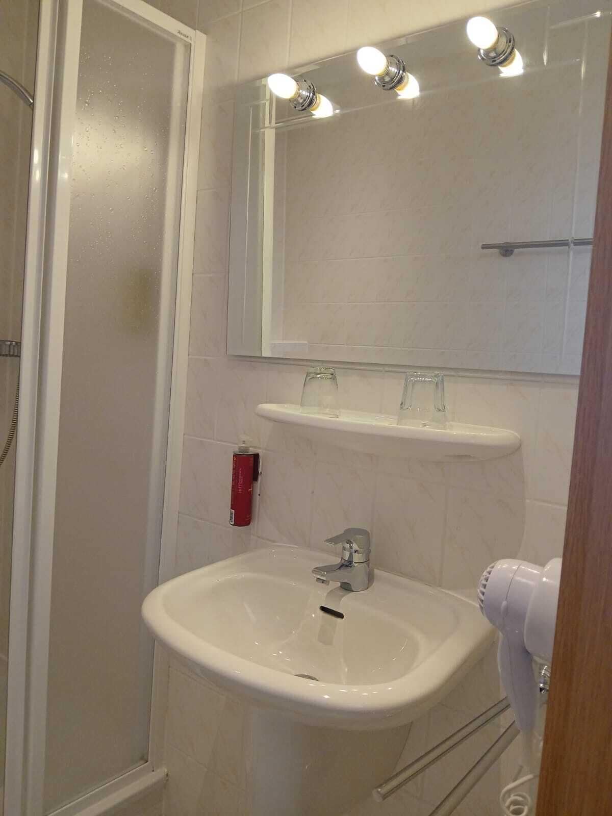 Un baño con lavamanos blanco, un espejo y un cabezal de ducha de mano.