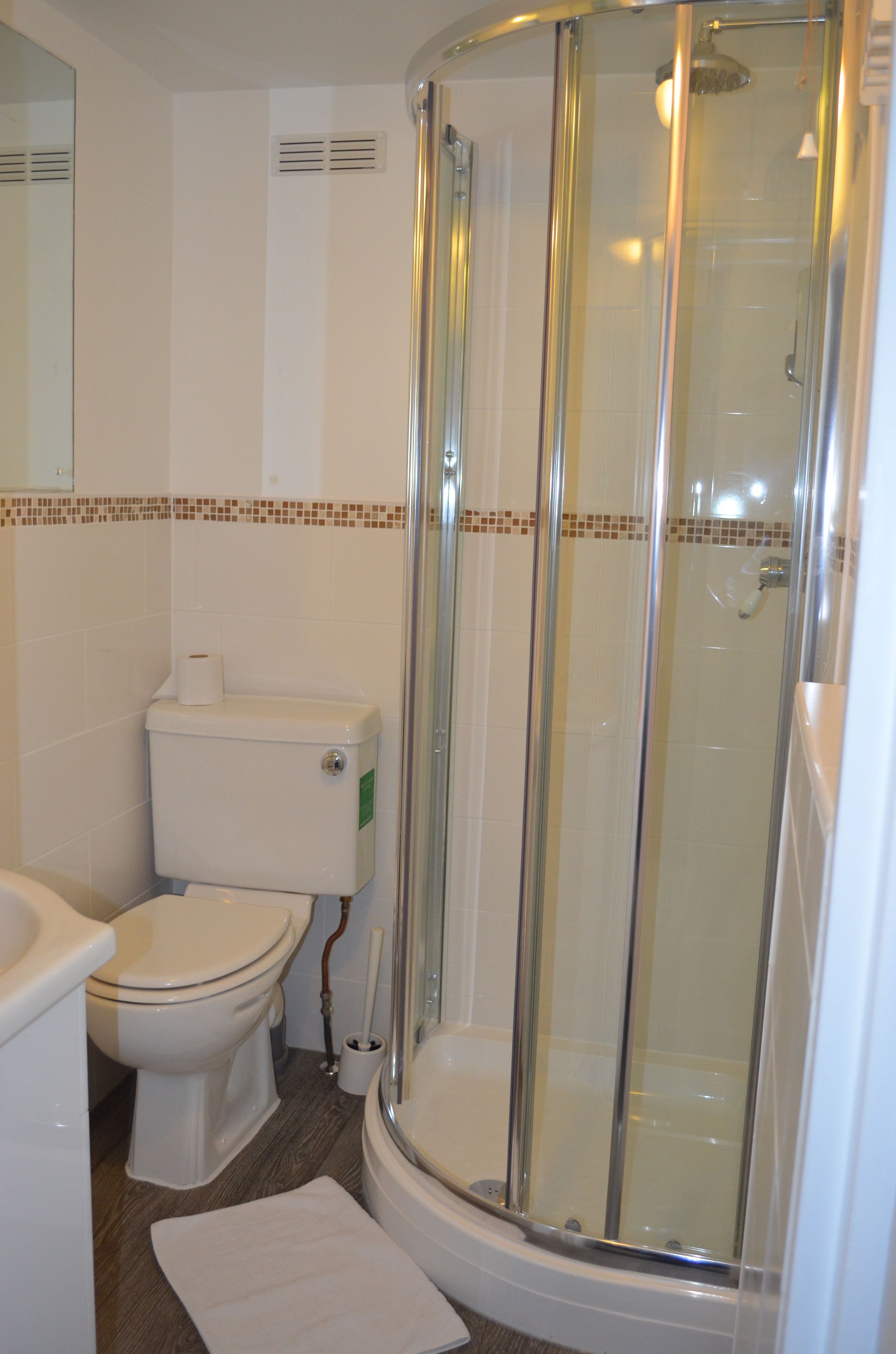 A bathroom with a toilet, bidet, and a glass-enclosed shower stall.