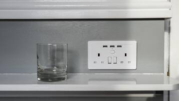 Fridge, microwave, coffee/tea maker, electric kettle