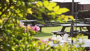 An outdoor patio area with picnic tables and umbrellas, surrounded by greenery. - The Newtown House Hotel (Hayling Island)
