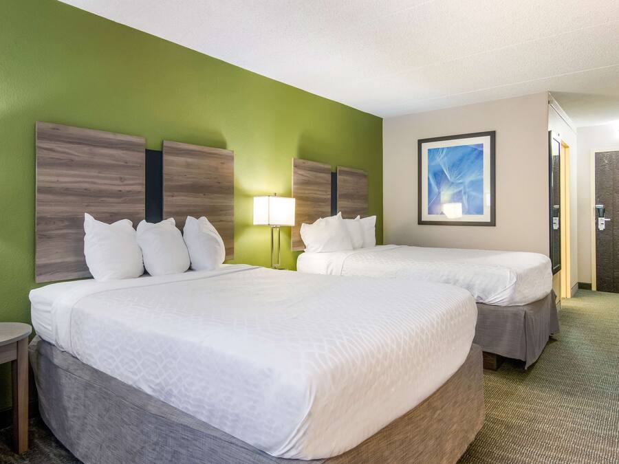 Une chambre d’hôtel avec deux lits, un mur vert, un tableau encadré et une lampe.