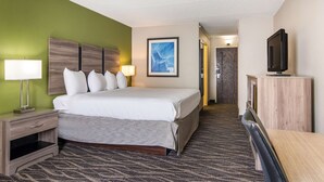 Een hotelkamer met een bed, nachtkastjes, een bureau, een televisie en een ingelijst schilderij aan de muur.