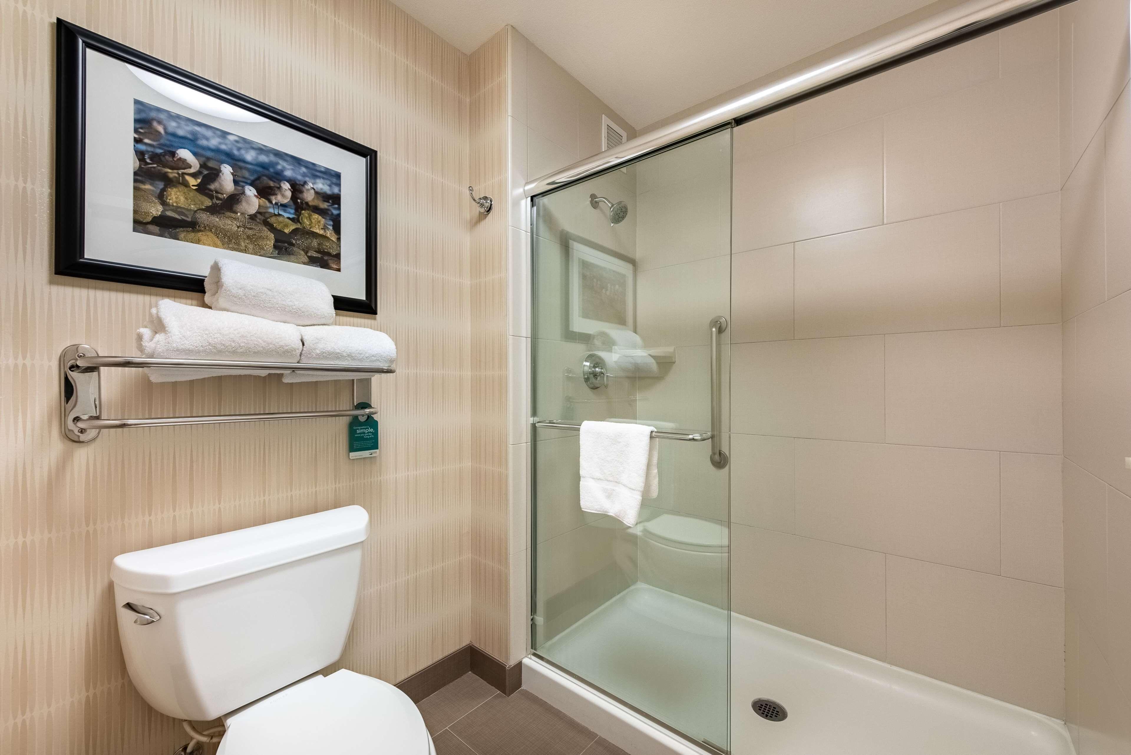 Une salle de bain moderne avec une douche à parois de verre, des toilettes et un tableau encadré au mur.