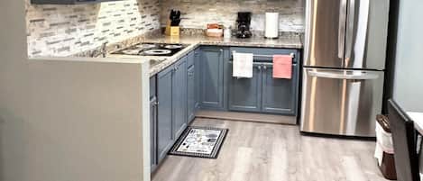 2 Queen Beds, Family Basement Apartment | Private kitchen | Cookware/dishes/utensils, cleaning supplies