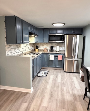 2 Queen Beds, Family Basement Apartment | Private kitchen | Cookware/dishes/utensils, cleaning supplies