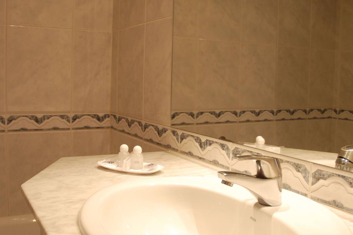 combined shower/bathtub, free toiletries, hair dryer, towels