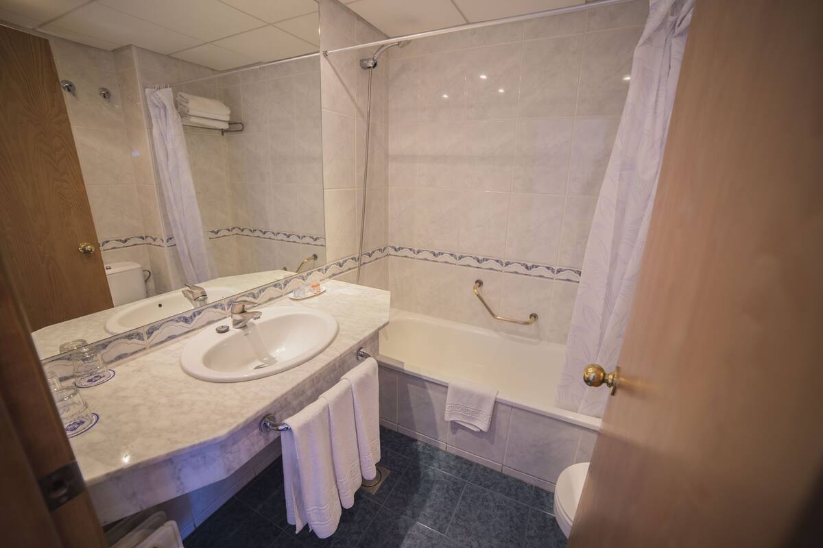 combined shower/bathtub, free toiletries, hair dryer, towels