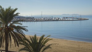Un port esportiu amb vaixells, una platja sorrenca i palmeres.