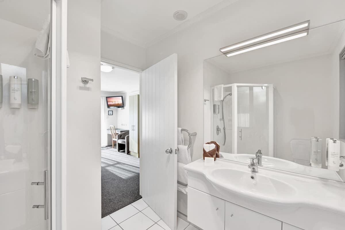 rainfall showerhead, free toiletries, hair dryer, towels