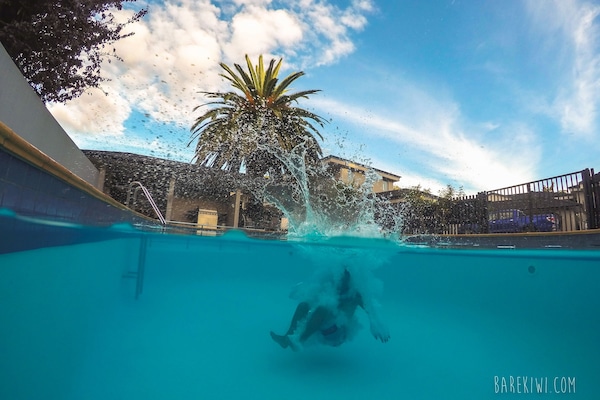 Seasonal outdoor pool, a heated pool, pool loungers