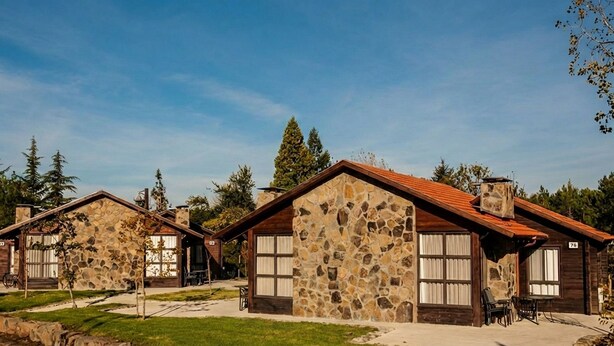 A row of stone and wood cabins with large windows and a red roof, surrounded by trees.