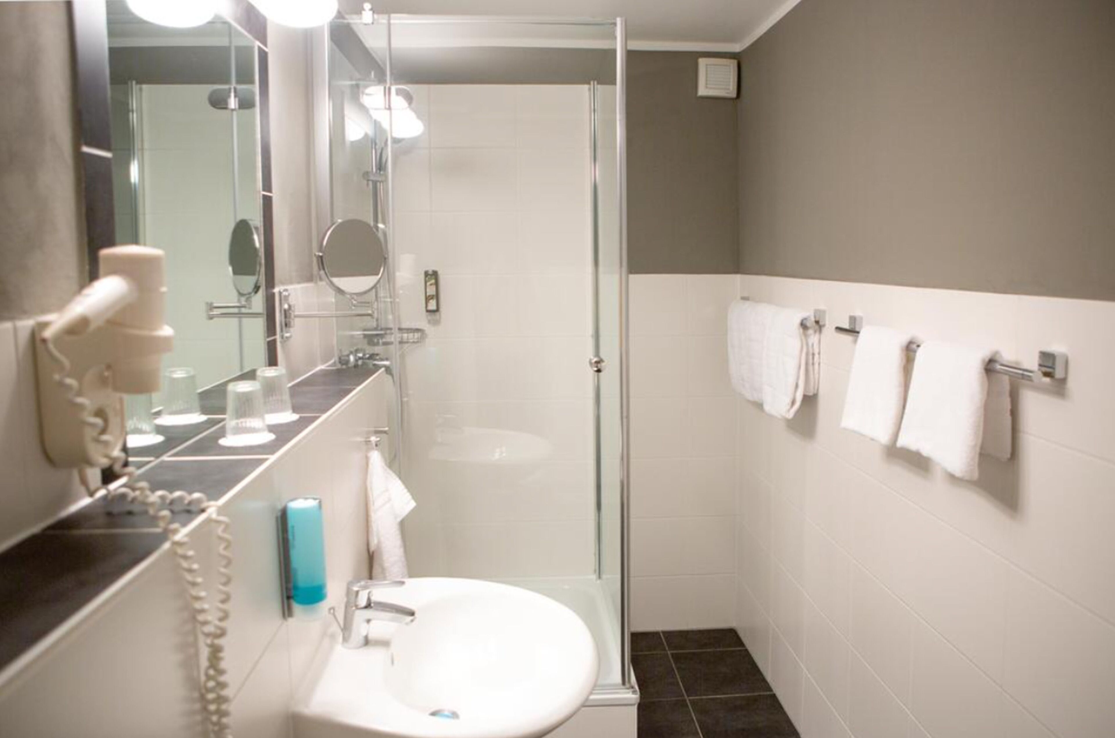 Un baño moderno con ducha envuelta en vidrio, un lavamanos blanco y un espejo.