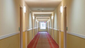 A long, narrow hotel corridor with doors on both sides, a red carpet, and a window at the end.
