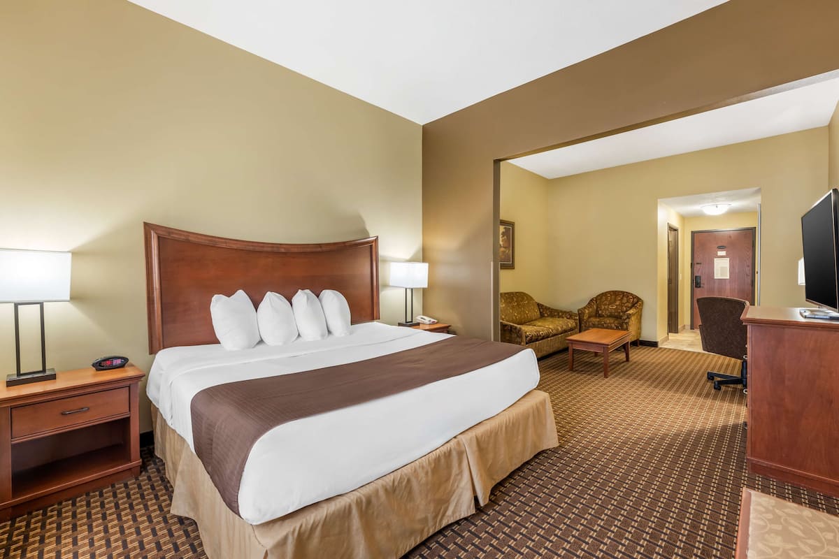 A hotel room with a large bed, two bedside tables, a desk, a chair, and a television.