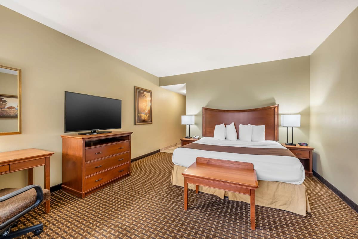 A hotel room with a large bed, a TV, a desk with drawers, a chair, and two bedside lamps.