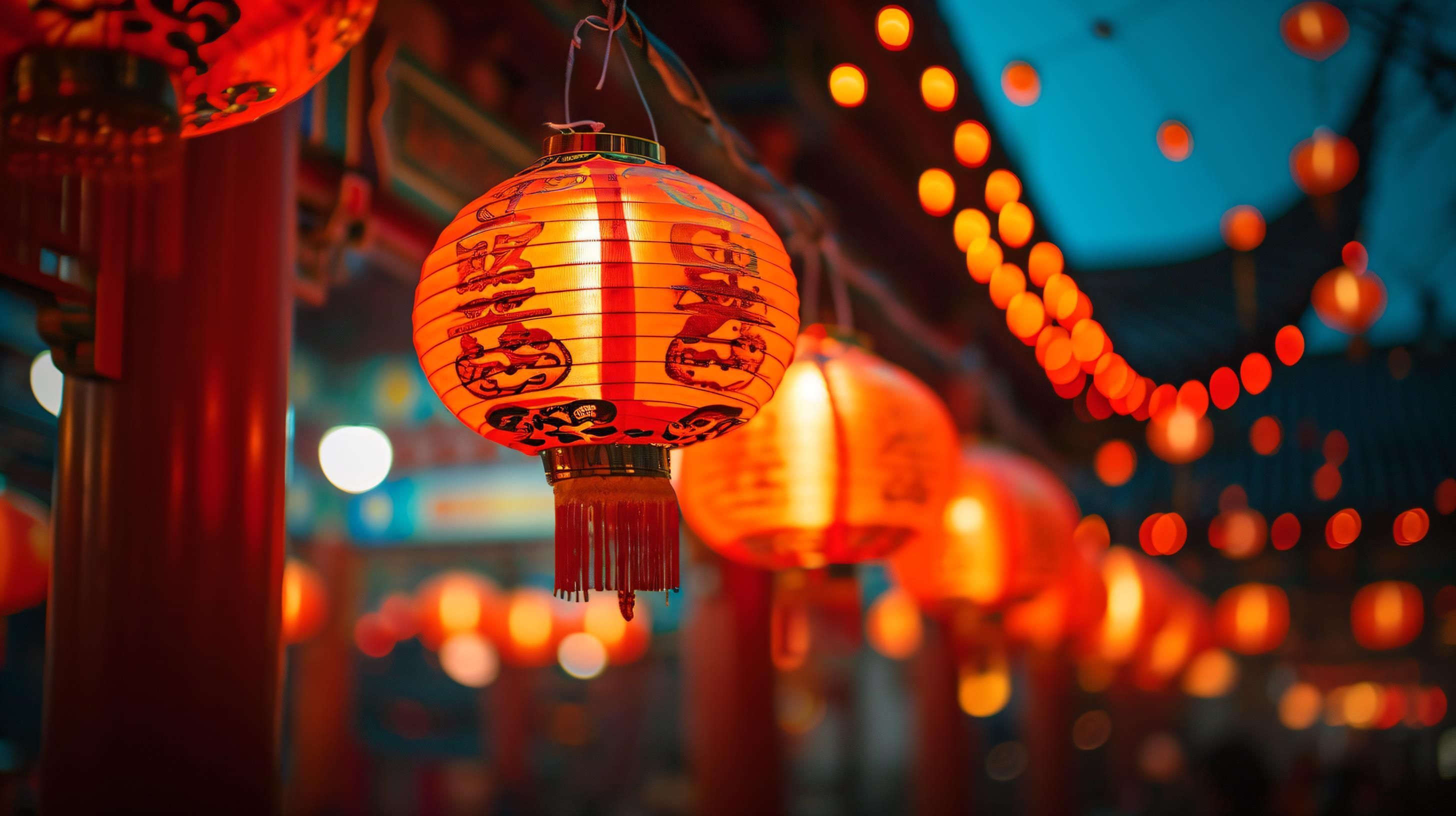 Une rangée de lanternes traditionnelles est suspendue le long d’une rue.
