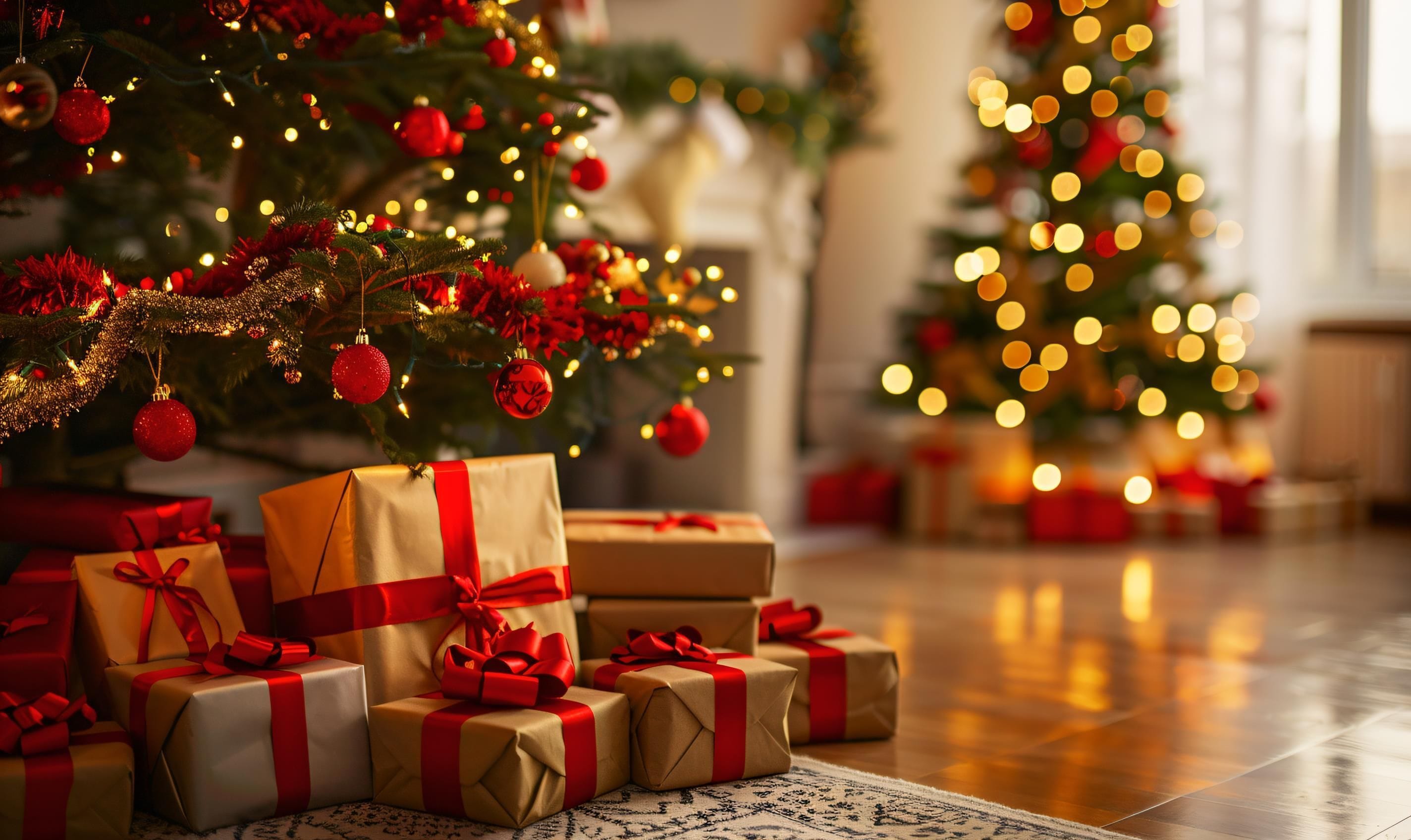 A room with a Christmas tree, presents, and a fireplace.