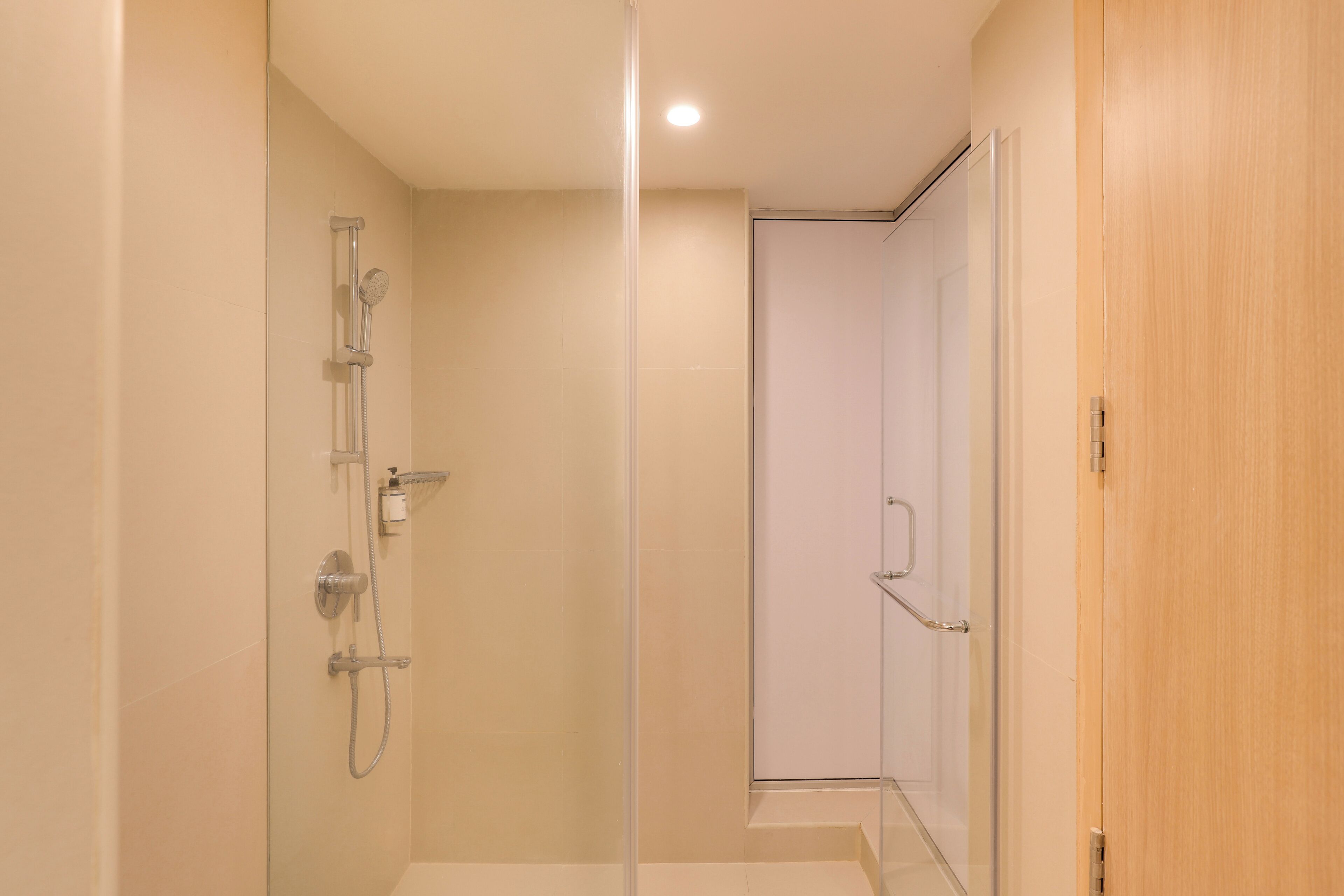 A modern bathroom with a glass shower enclosure, a white door, and a wooden door.