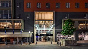 A hotel entrance with a glass facade, a sign reading "PROTEA HOTEL FIRE & ICE!", and a tree in the foreground.