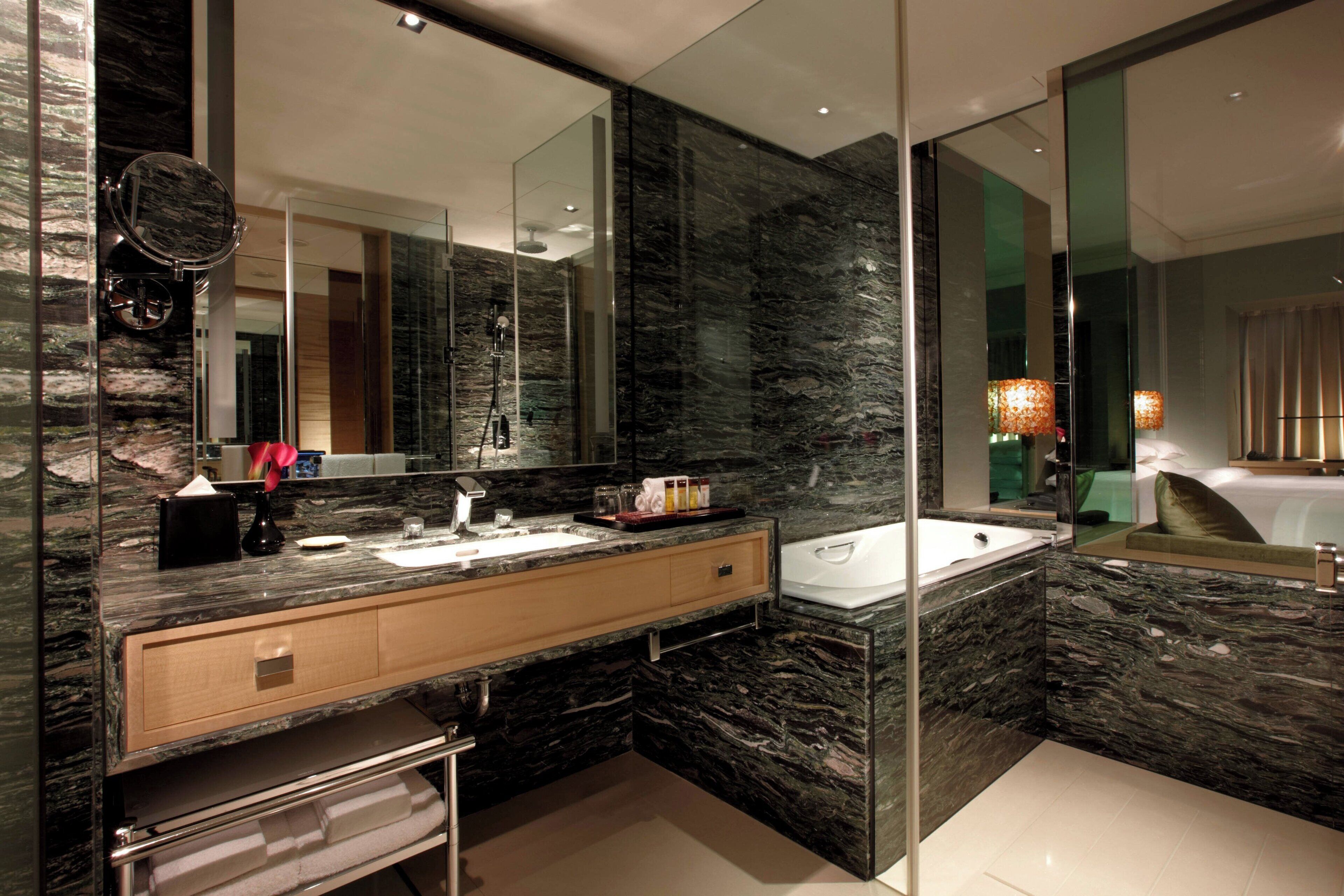 separate bathtub and shower, deep-soaking bathtub, free toiletries