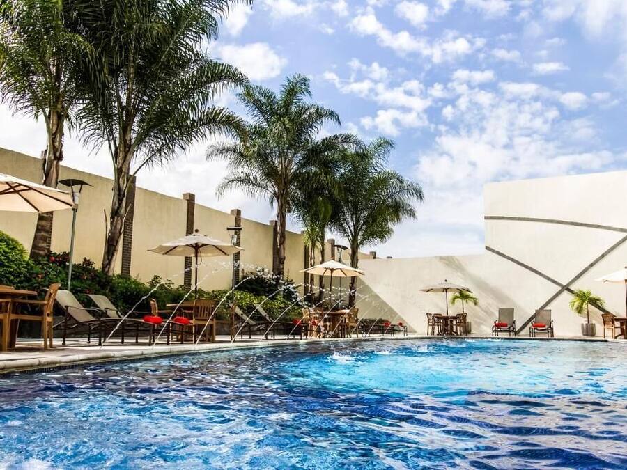 A swimming pool with lounge chairs and umbrellas, surrounded by palm trees and a white wall.