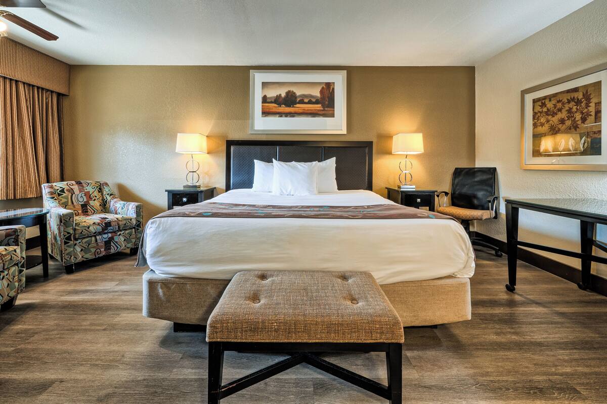 A hotel room with a large bed, two bedside tables with lamps, a chair, a desk, and a ceiling fan.