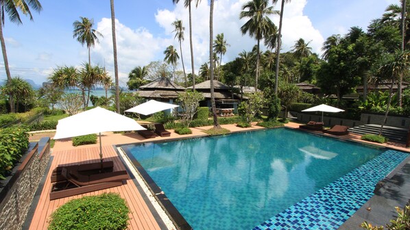 Outdoor pool, pool umbrellas, pool loungers