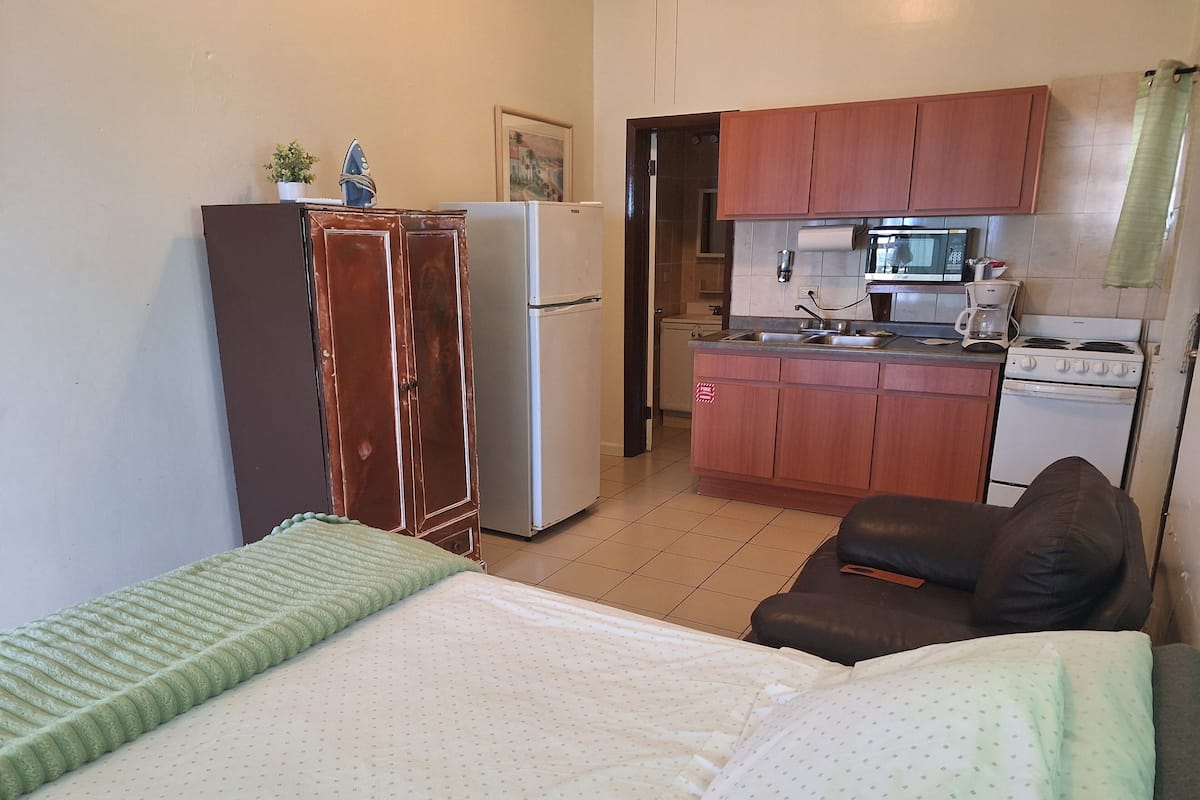 A compact room with a bed, a small kitchenette, and a wooden wardrobe.
