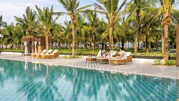 Outdoor pool, pool umbrellas, pool loungers