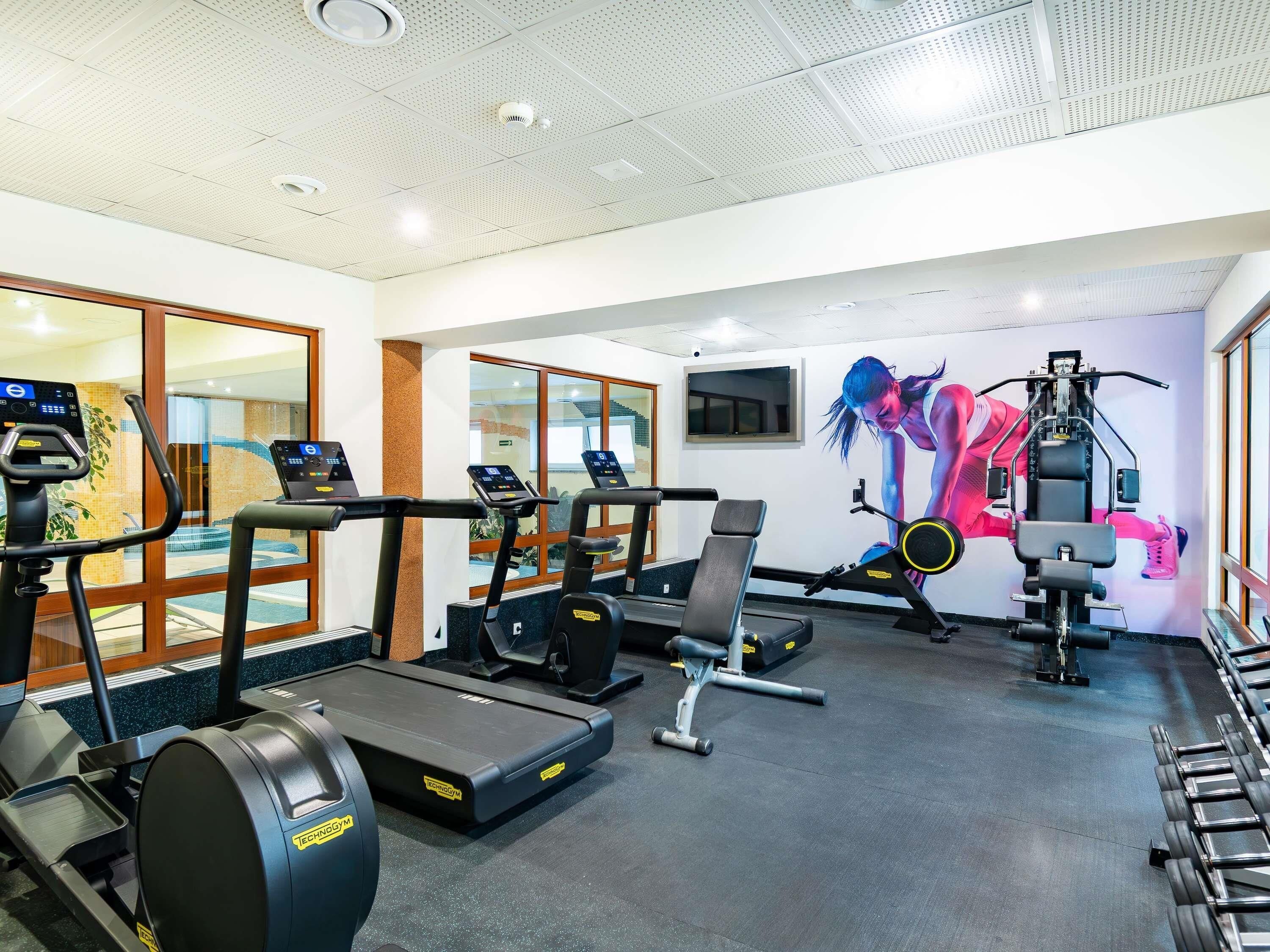 A gym with treadmills, a bench, and weight machines.