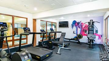 A gym with treadmills, a bench, and weight machines.