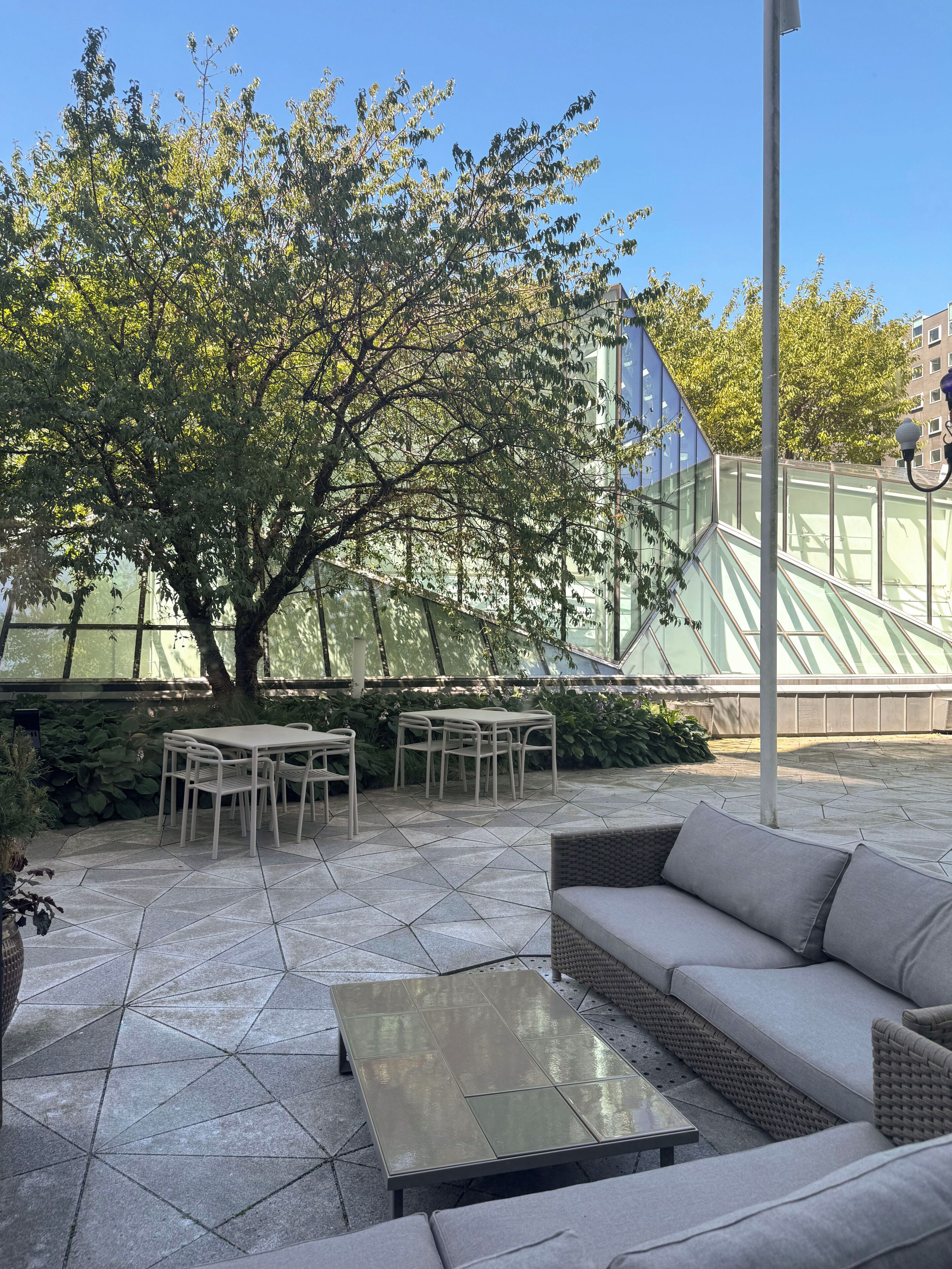 An outdoor patio with a table, chairs, a sofa, and a large tree.