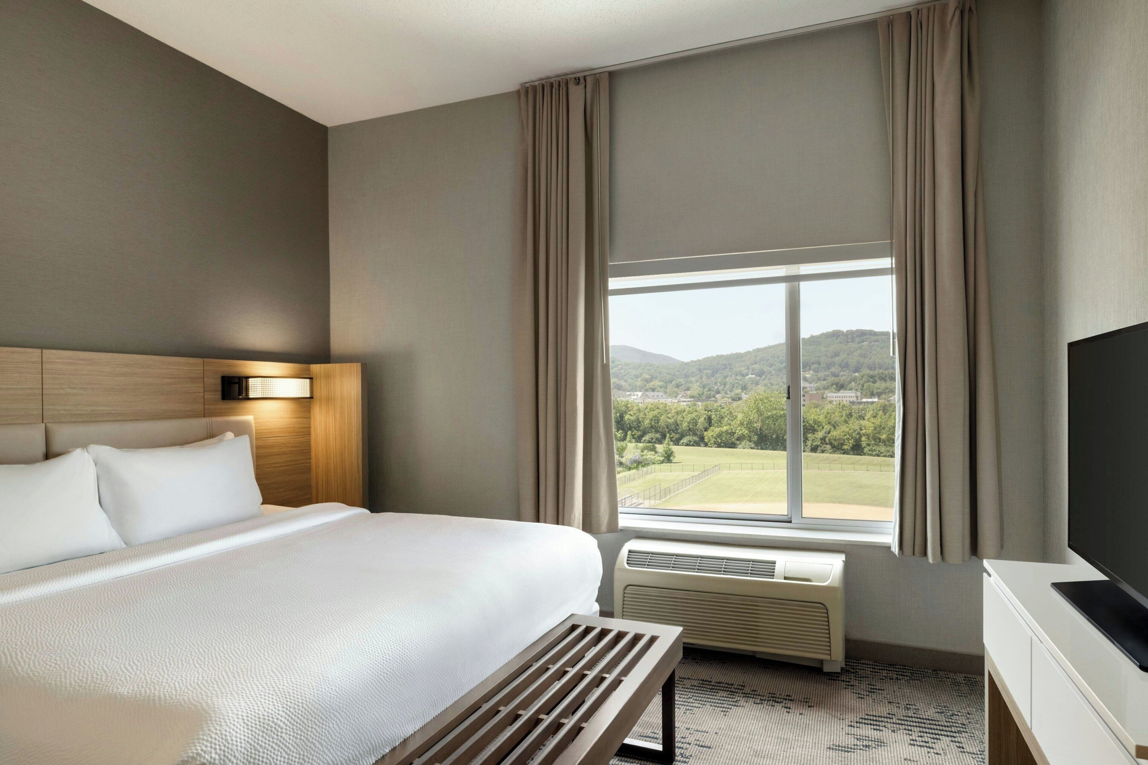 Una habitación de hotel con una cama grande, un televisor, una ventana con cortinas y vistas a zonas verdes.
