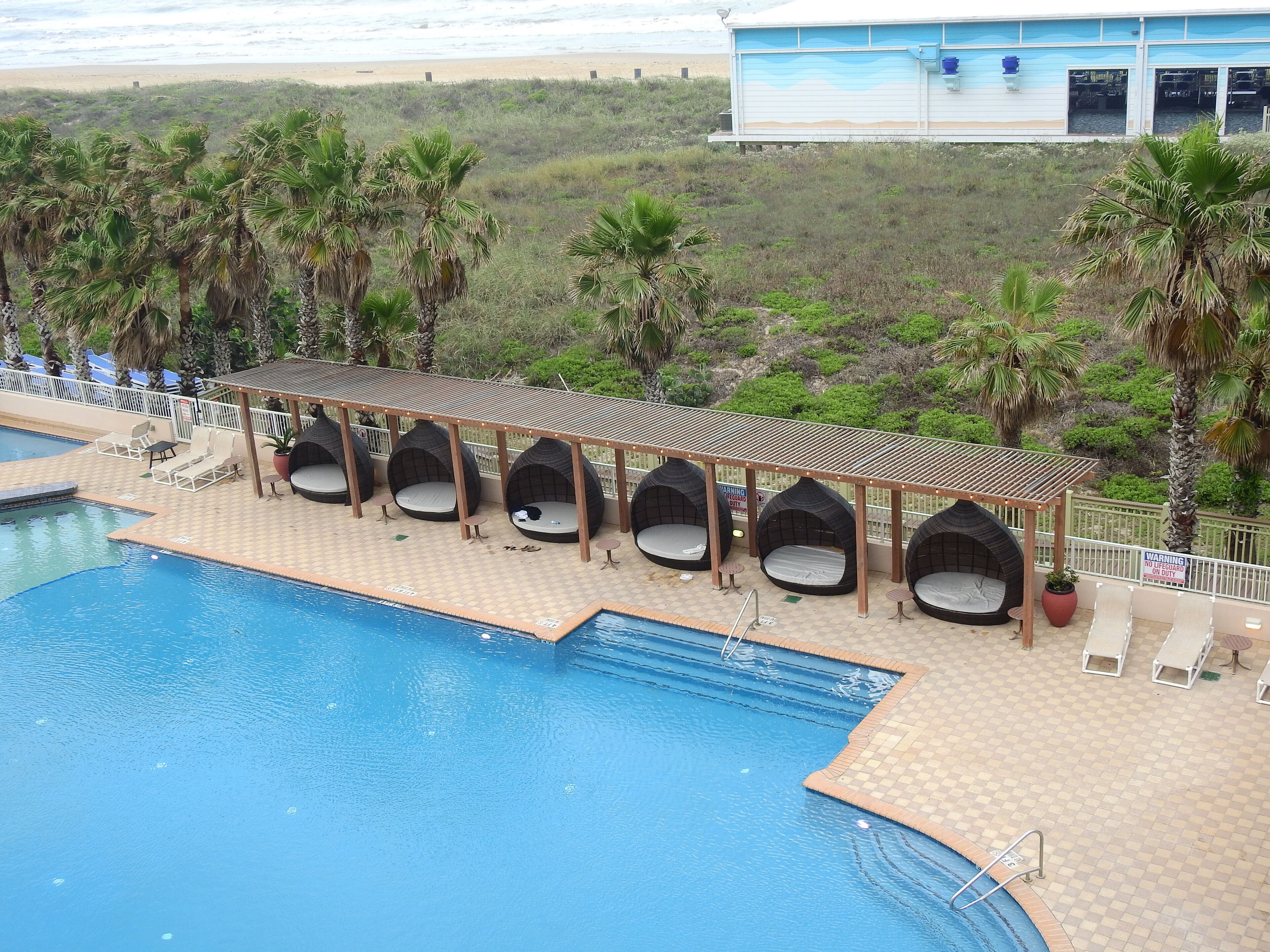 A pool area with a covered seating area, palm trees, and a building in the background.